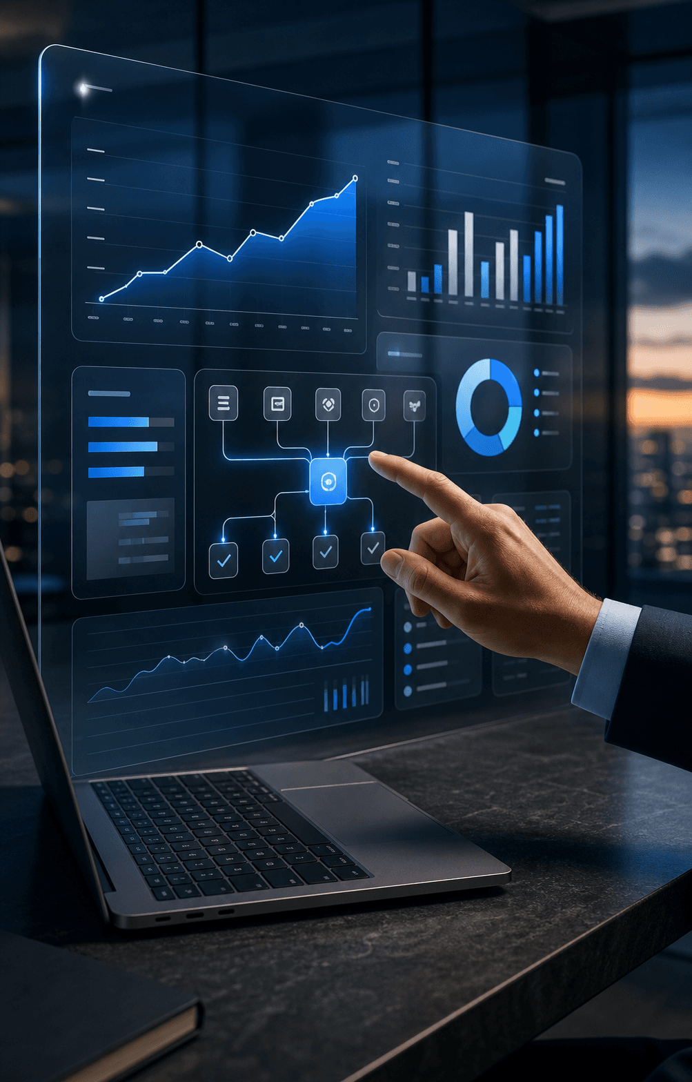 Interface de gestão mostrando indicadores, crescimento e fluxos automatizados