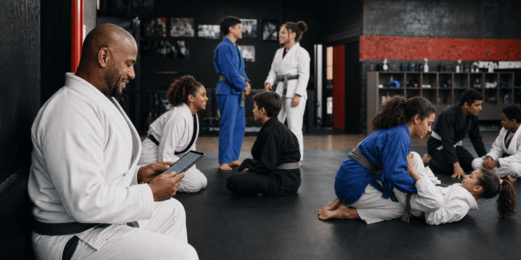 Grupo diverso em uma academia de jiu-jítsu enquanto o professor organiza informações dos alunos em um tablet